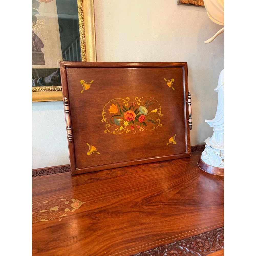 Vintage Hand Painted Floral‎ Wood Tray With Handles